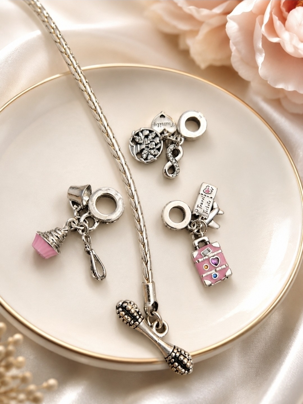 Silver Charm Bracelet with Pink Travel, Backing & Family Charms